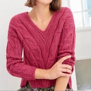 Anthropologie Ramona Dark Pink Vneck Cable Knit Sweater Chunky Oversized…